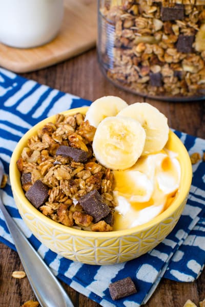 Peanut Butter Banana Chocolate Chunk Granola Recipe - Food Fanatic