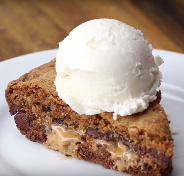 Peanut Butter Stuffed Skillet Cookie with Ice Cream