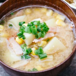 Potato corn miso soup with bacon photo