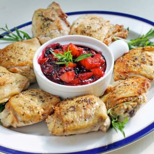 Pan roasted chicken with peach blueberry sauce photo