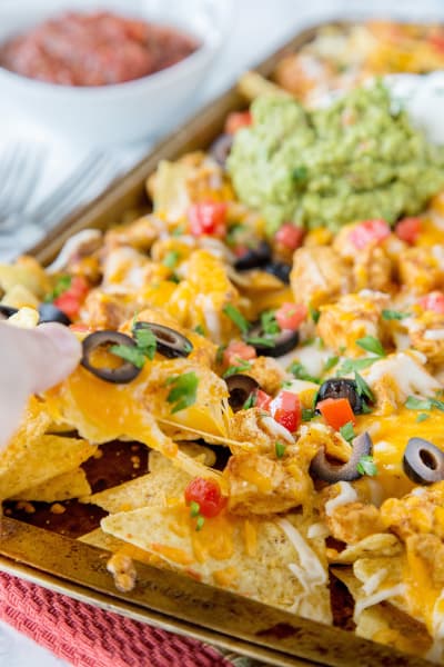 Sheet Pan Chicken Nachos - Dinners, Dishes, and Desserts