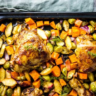 Balsamic glazed chicken and winter vegetable sheet pan dinner ph