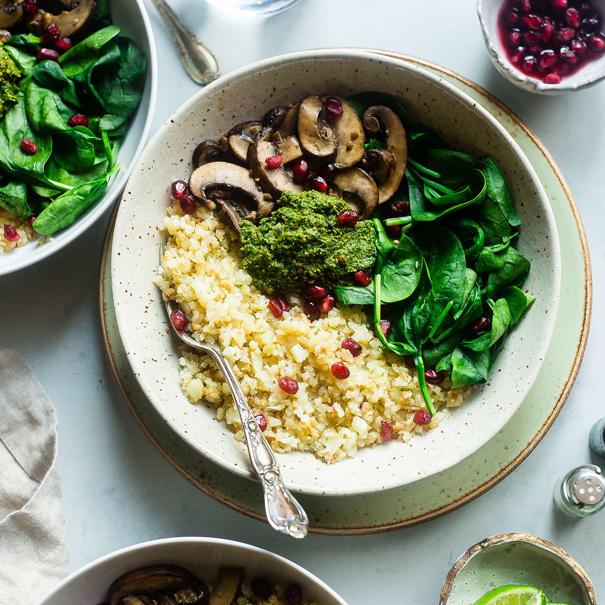 Detox Cauliflower Mushroom Bowls Food Faith Fitness Keyword cauliflower rice recipe, keto mushroom cauliflower rice, mushroom spinach toss in mushrooms and saute until cooked. detox cauliflower mushroom bowls recipe