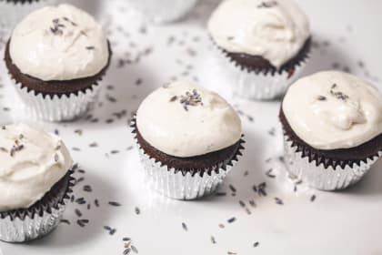 Chocolate Cupcakes with Lavender Goat Cheese Frosting