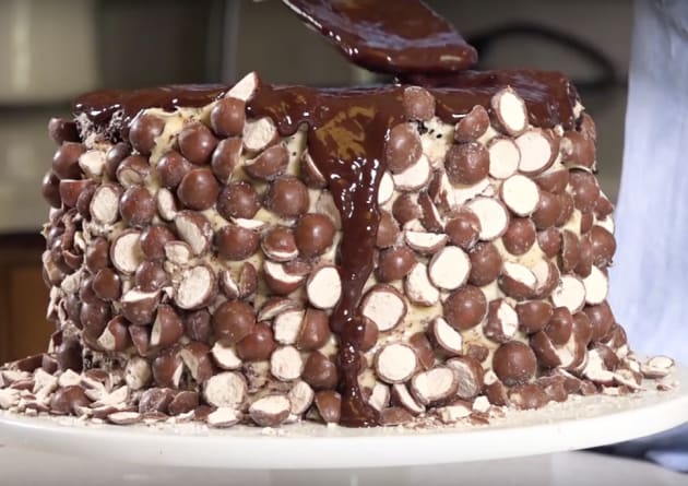 Drizzling Ganache over Triple Malt Chocolate Cake