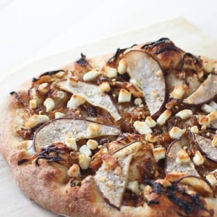 Pear caramelized onion goat cheese pizza photo