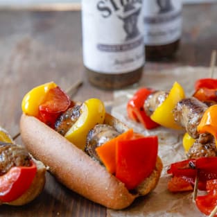Bratwurst and bell pepper skewers photo