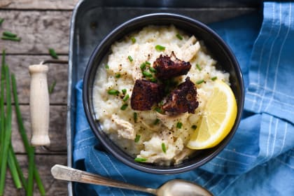 Lemon Chicken and Rice Soup with Olive Tapenade Croutons