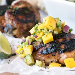 Spicy ginger grilled chicken thighs with mango avocado salsa pho