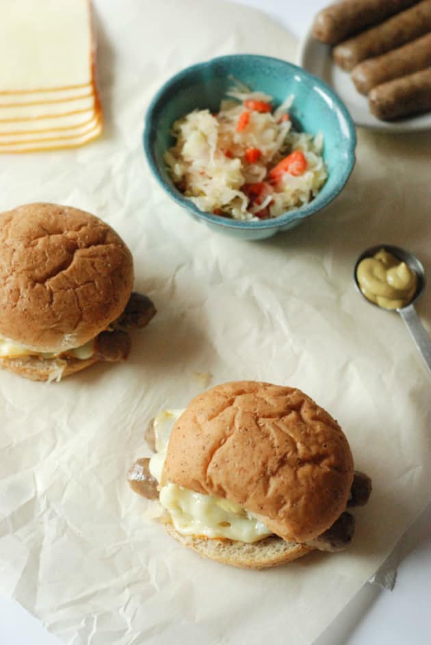 Sauerkraut Topped Brat Burgers Image