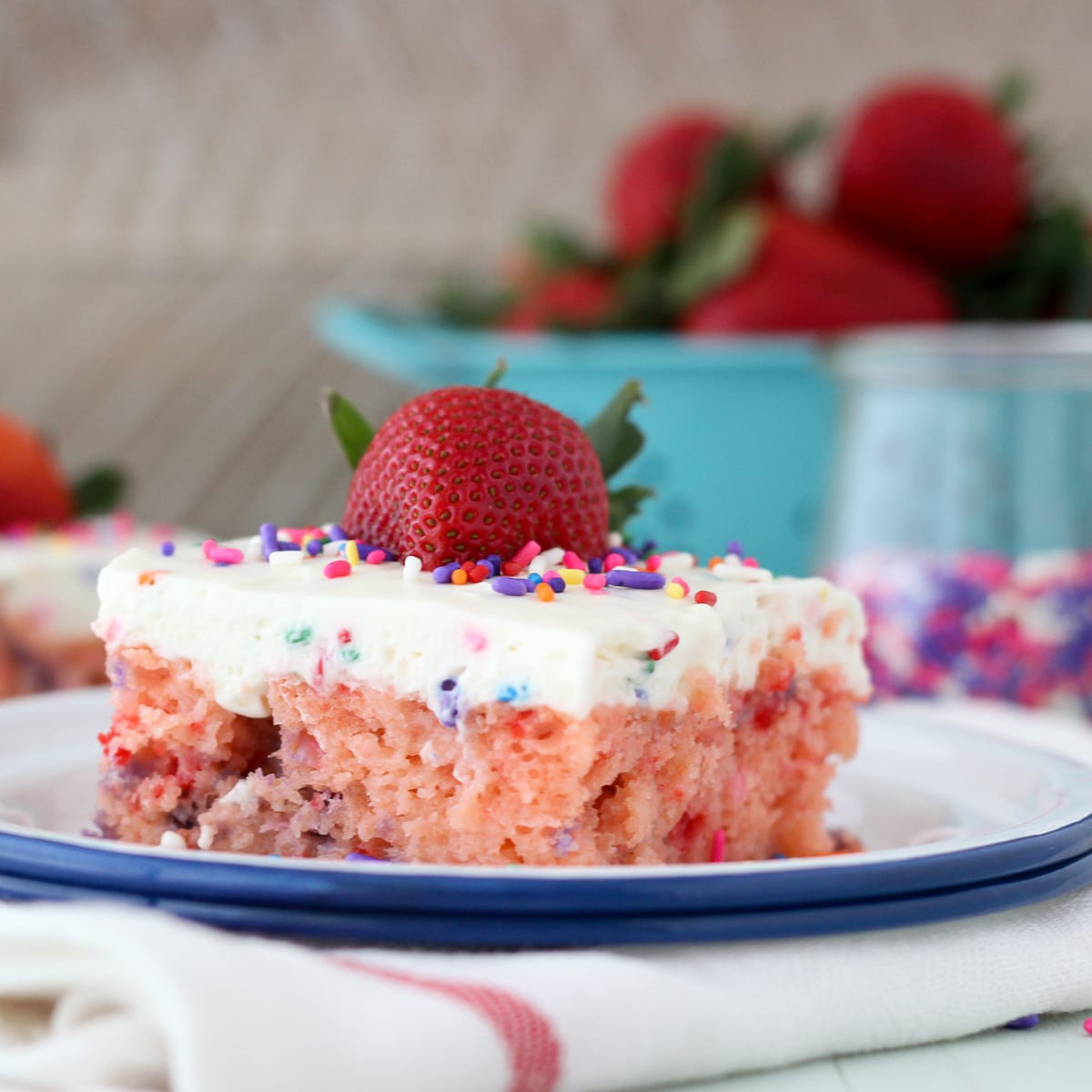 Strawberry Poke Cake With Sweetened Condensed Milk And Jello Funfetti Strawberry Poke Cake Recipe Food Fanatic