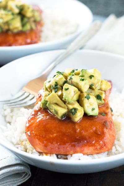 Sriracha Glazed Salmon with Asian Avocado Salsa