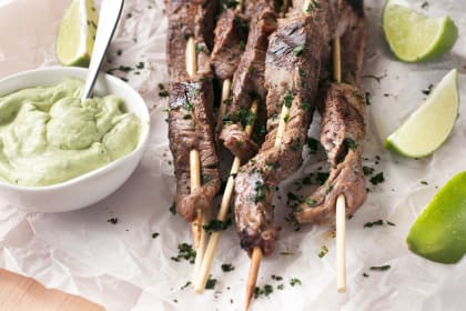 Grilled Cilantro Lime Beef Skewers with Jalapeño Avocado Dipping Sauce