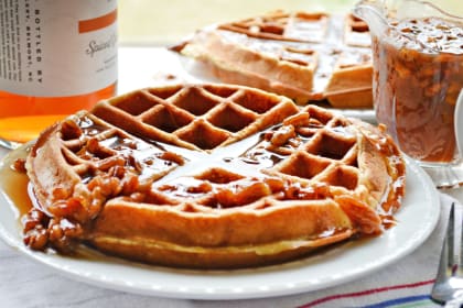 Banana Waffles with Spiced Rum Pecan Syrup