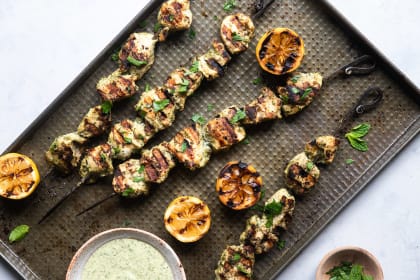 Grilled Herb Hummus Chicken Kebabs Recipe