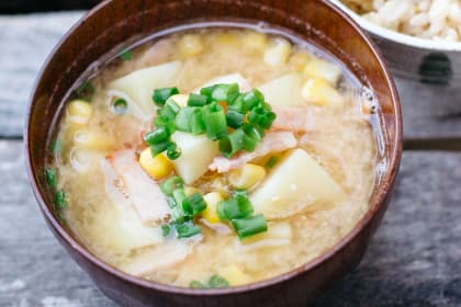 Potato Corn Miso Soup with Bacon
