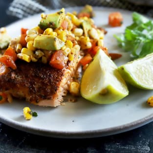 Grilled salmon with corn avocado salsa photo