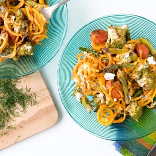 Roasted spring vegetables with butternut squash noodles photo