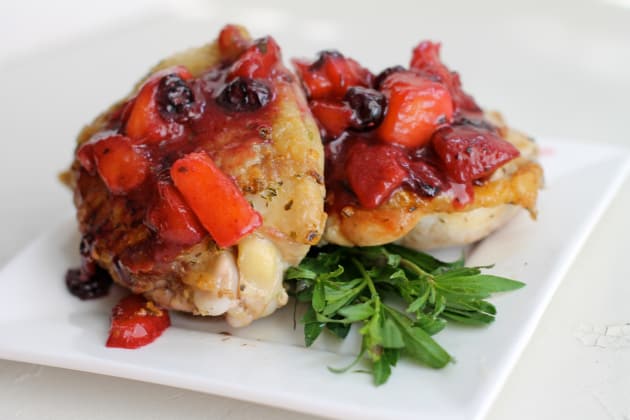 Pan Roasted Chicken with Peach Blueberry Sauce Image