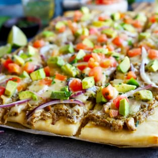 Avocado pulled pork flatbread with grilled tomatillo salsa photo