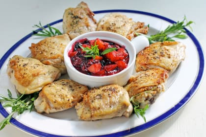 Pan Roasted Chicken with Peach Blueberry Sauce