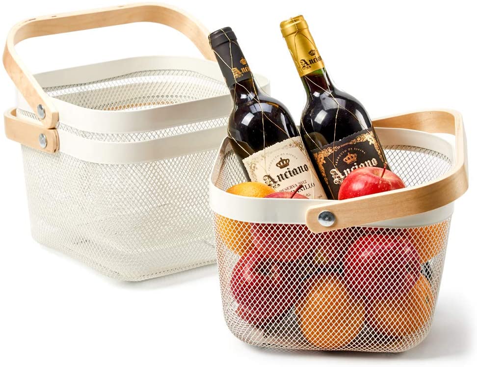Ezoware white mesh organizer basket with wood handle set of 3